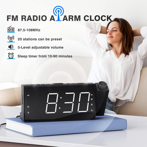 Mesqool Projection Alarm Clock with FM Radio,Large Number Display & Dimmer,USB Charger,Sleep Timer,Battery Backup,Dual Alarms,Clock Radio for Bedr...
